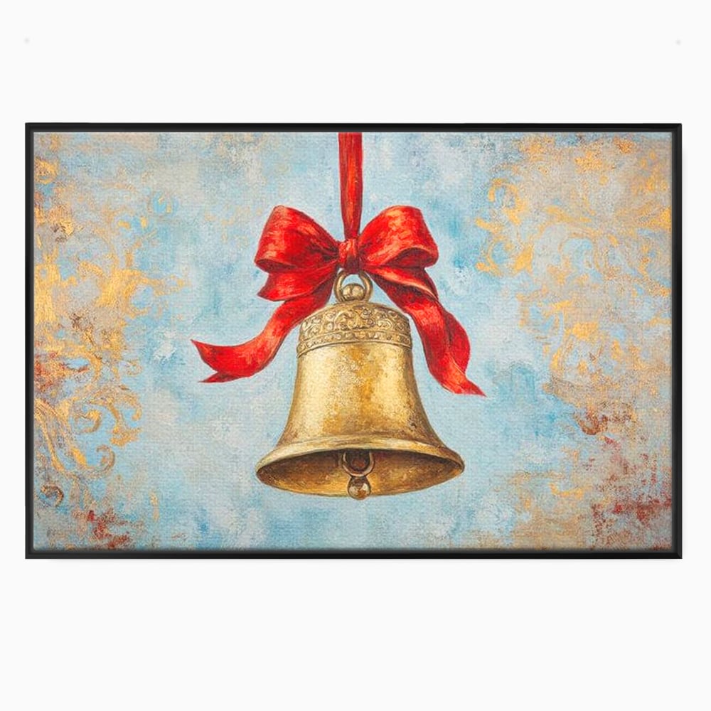 Tablou canvas cu pictura cu un clopot auriu si funda rosie, in rama de aluminiu negru