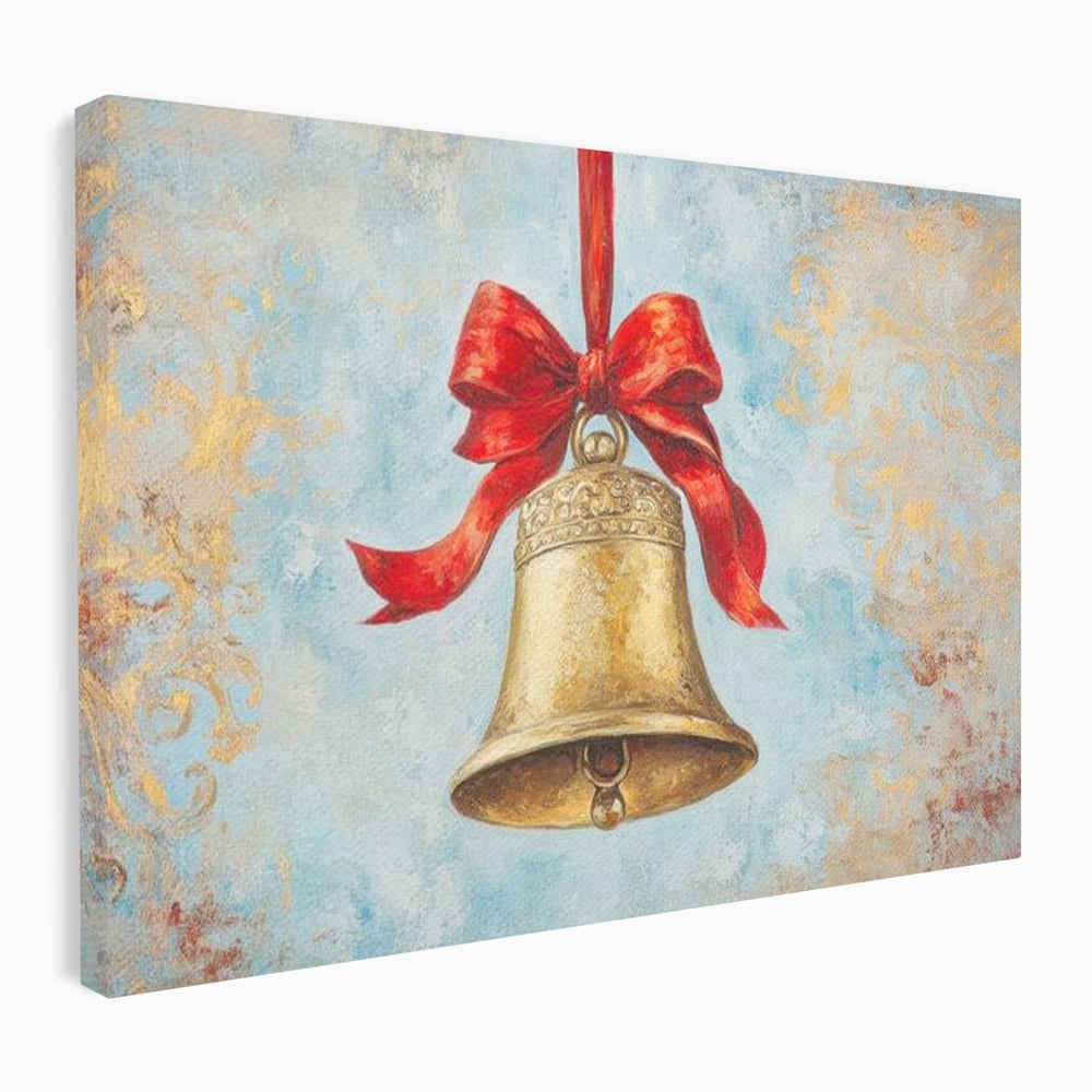 Tablou canvas cu pictura cu un clopot auriu si funda rosie, fara rama, pe sasiu de lemn