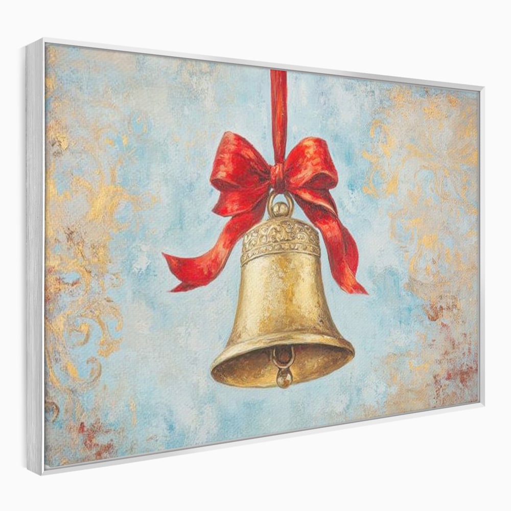 Tablou canvas cu pictura cu un clopot auriu si funda rosie, in rama de aluminiu argintiu