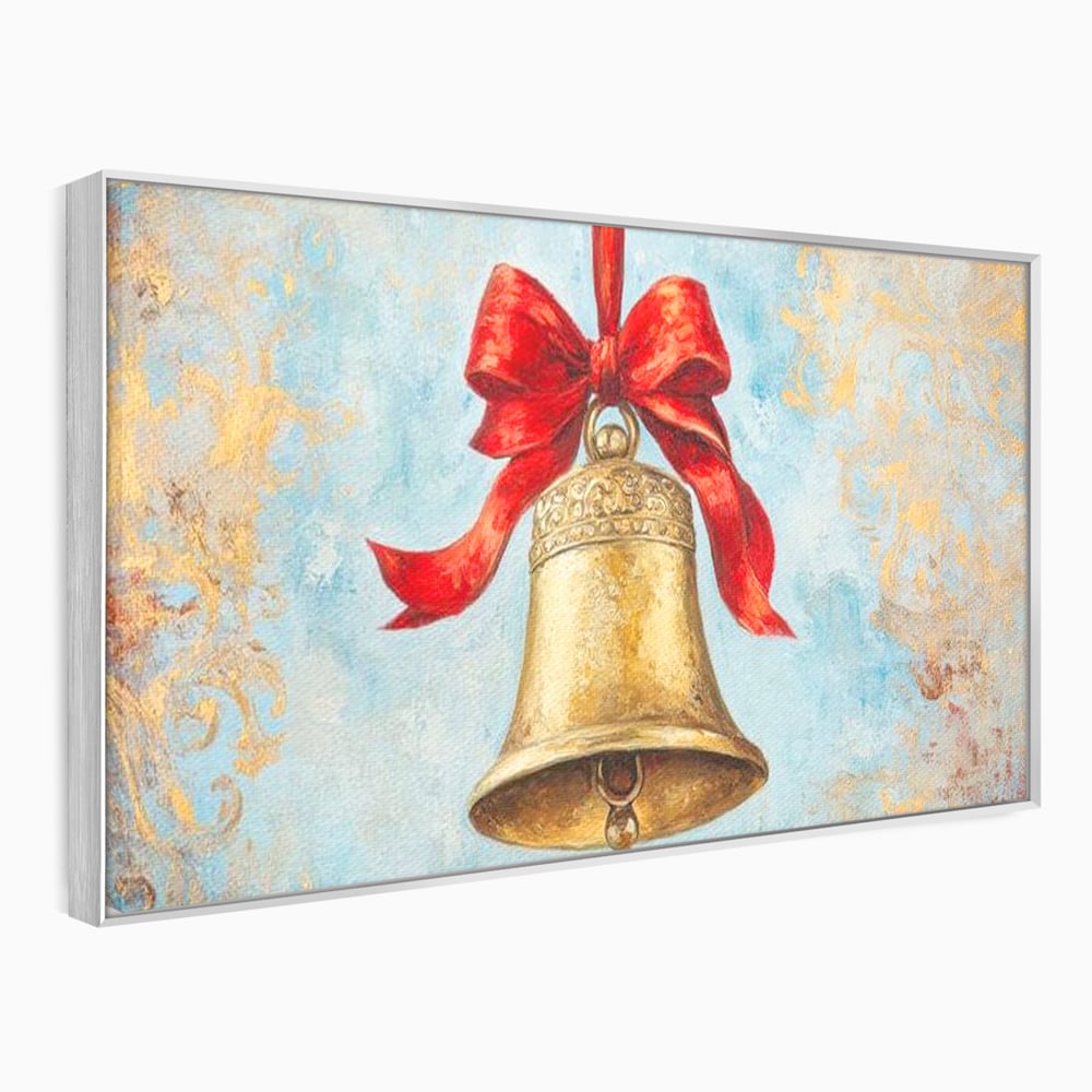 Tablou canvas cu pictura cu un clopot auriu si funda rosie, in rama de aluminiu argintiu