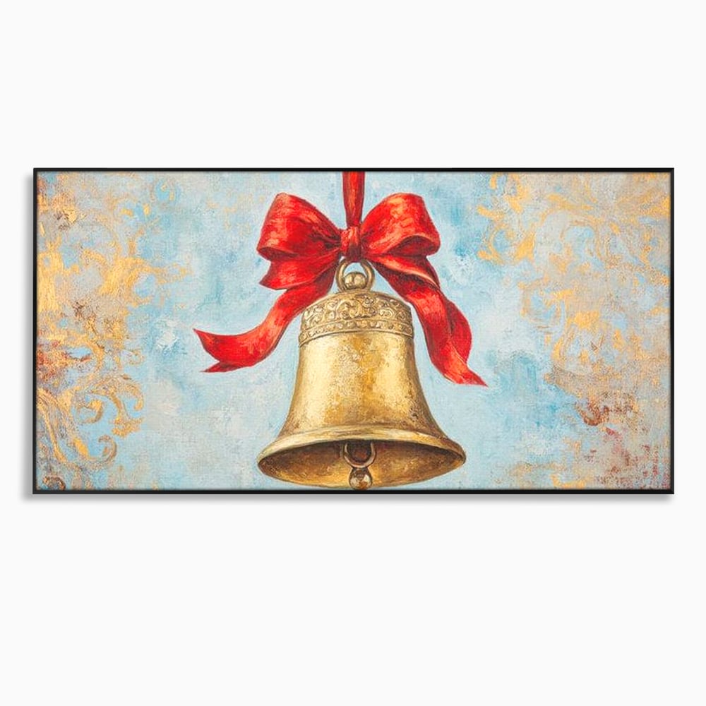 Tablou canvas cu pictura cu un clopot auriu si funda rosie, in rama de aluminiu negru