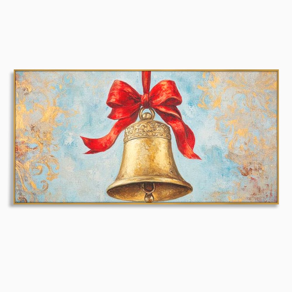 Tablou canvas cu pictura cu un clopot auriu si funda rosie, in rama de aluminiu auriu