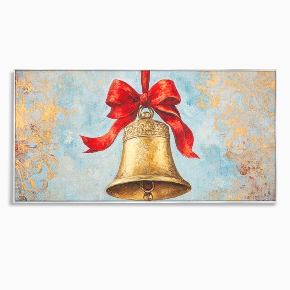 Tablou canvas cu pictura cu un clopot auriu si funda rosie, in rama de aluminiu argintiu