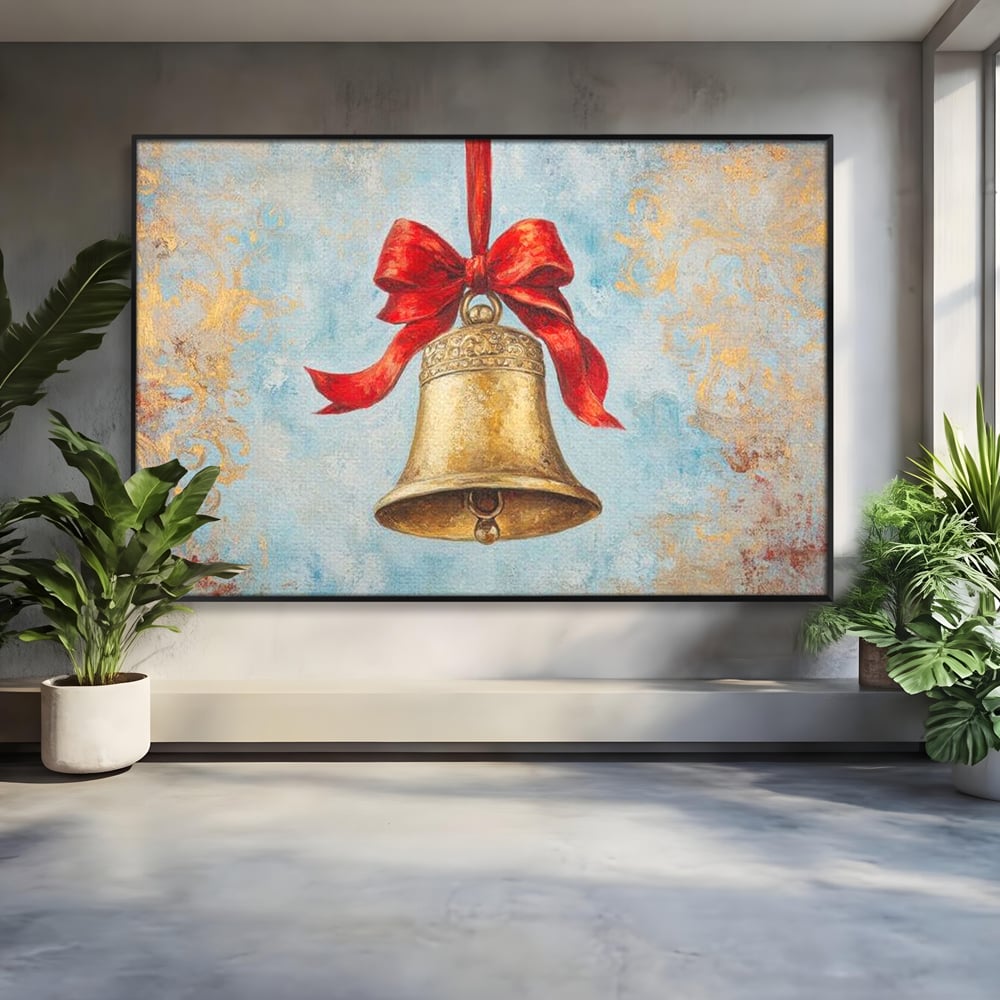 Tablou canvas cu pictura cu un clopot auriu si funda rosie, in rama de aluminiu negru