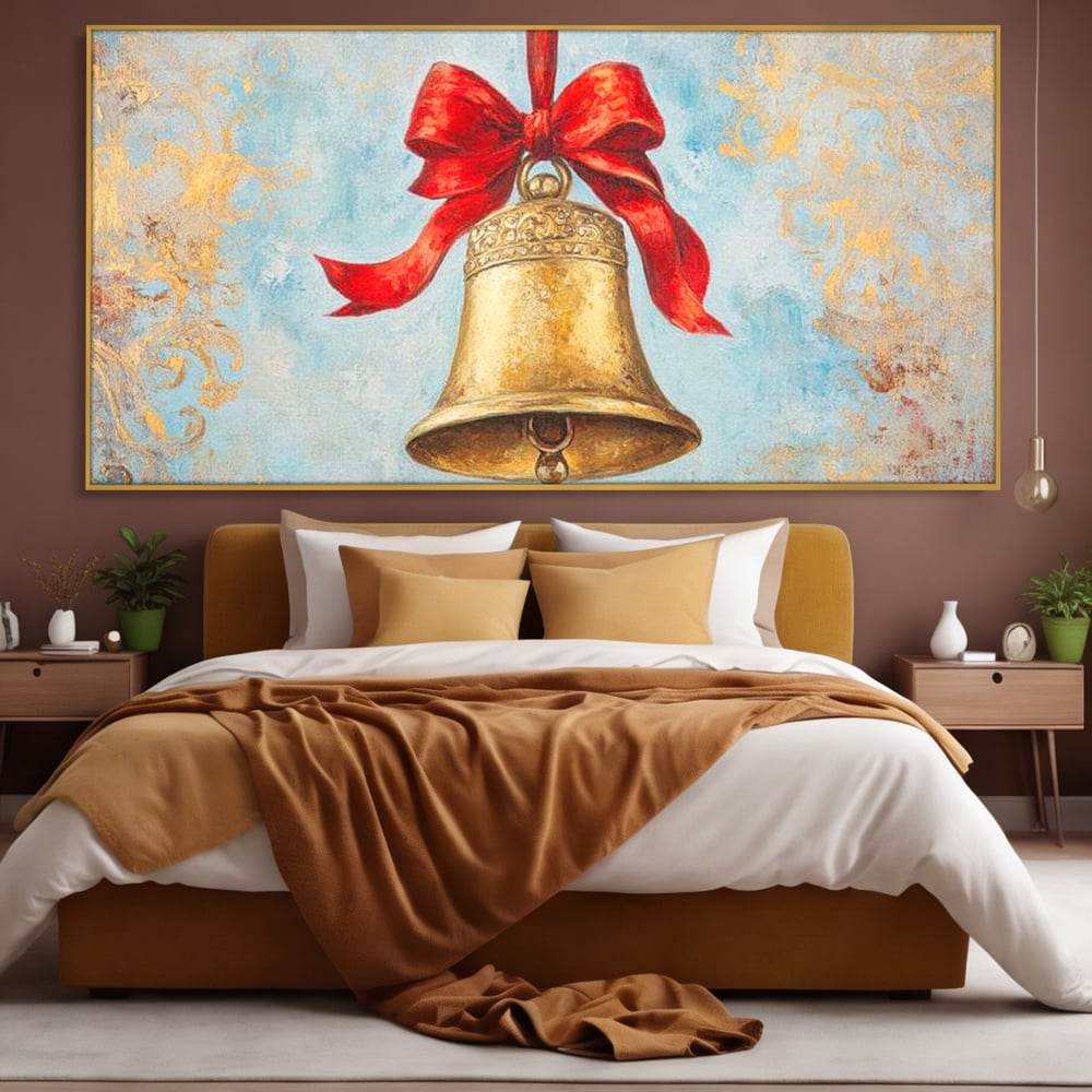 Tablou canvas cu pictura cu un clopot auriu si funda rosie, in rama de aluminiu auriu, pe perete intr-un dormitor