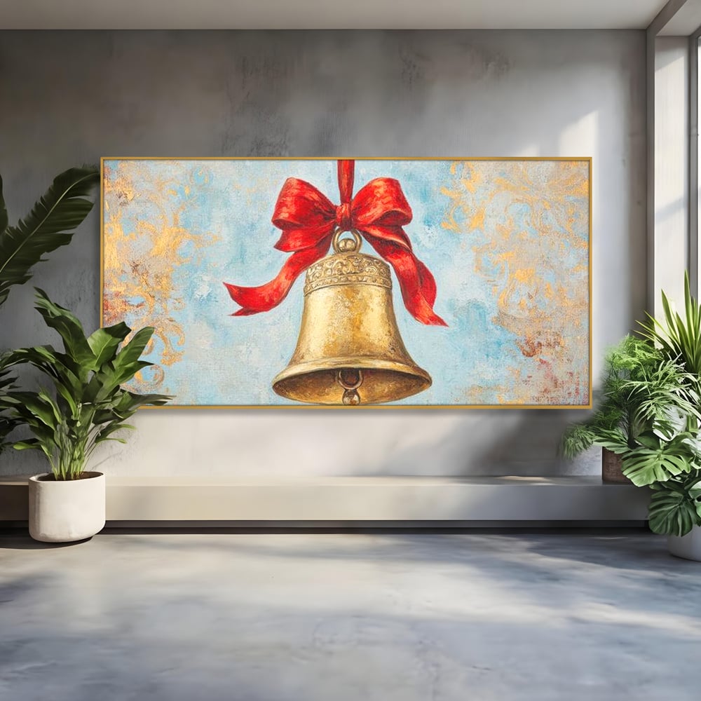 Tablou canvas cu pictura cu un clopot auriu si funda rosie, in rama de aluminiu auriu