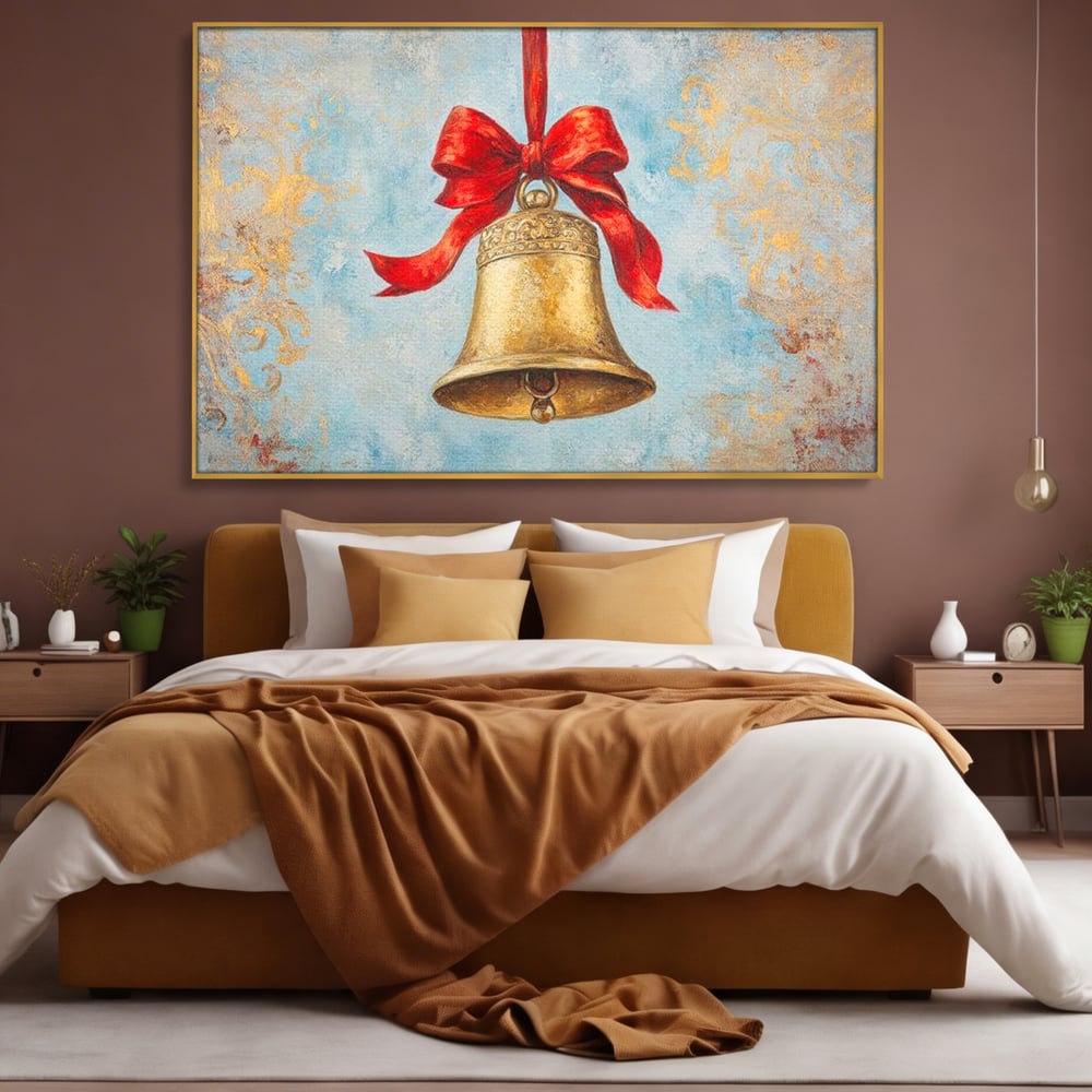 Tablou canvas cu pictura cu un clopot auriu si funda rosie, in rama de aluminiu auriu, pe perete intr-un dormitor