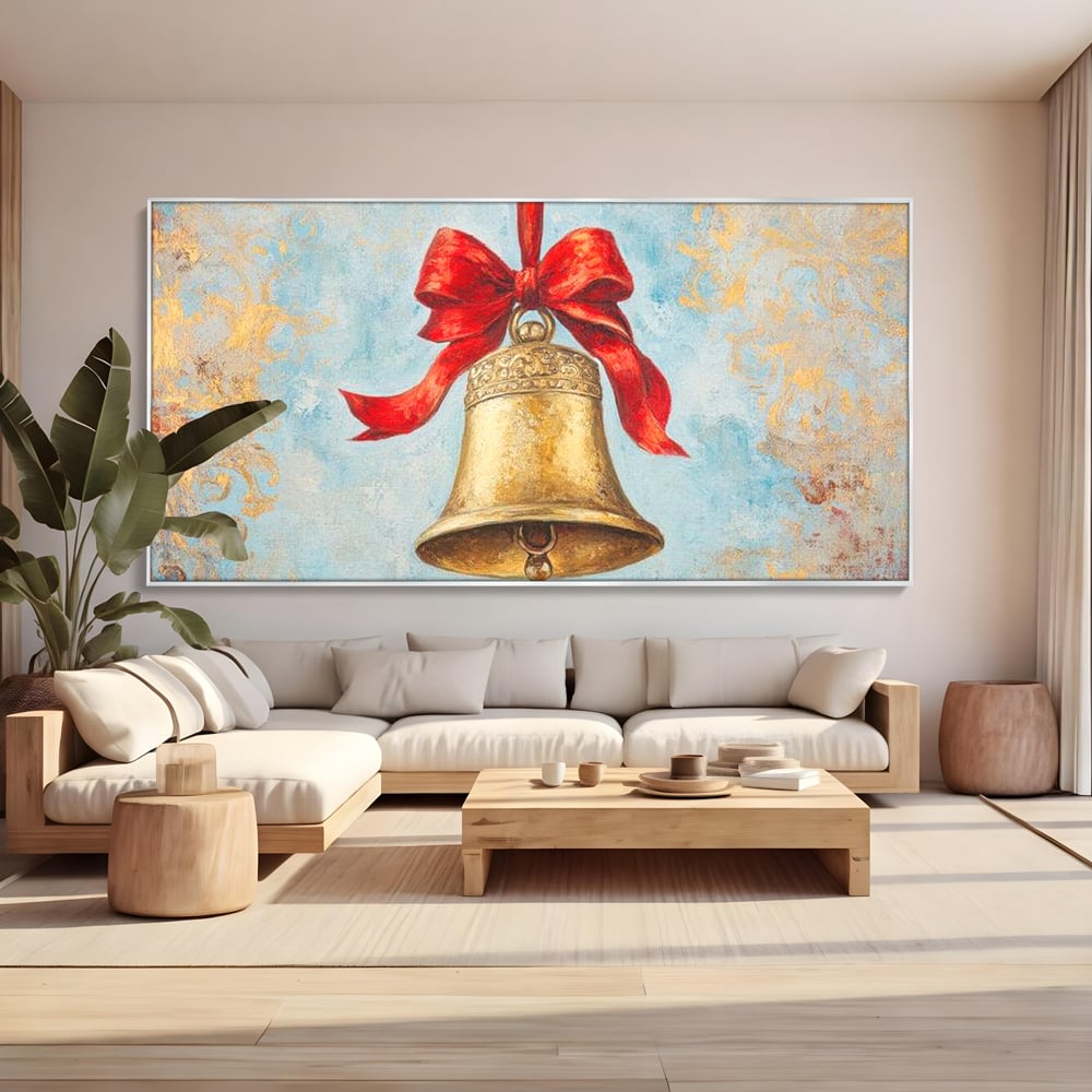 Tablou canvas cu pictura cu un clopot auriu si funda rosie, in rama de aluminiu argintiu, pe perete intr-un living