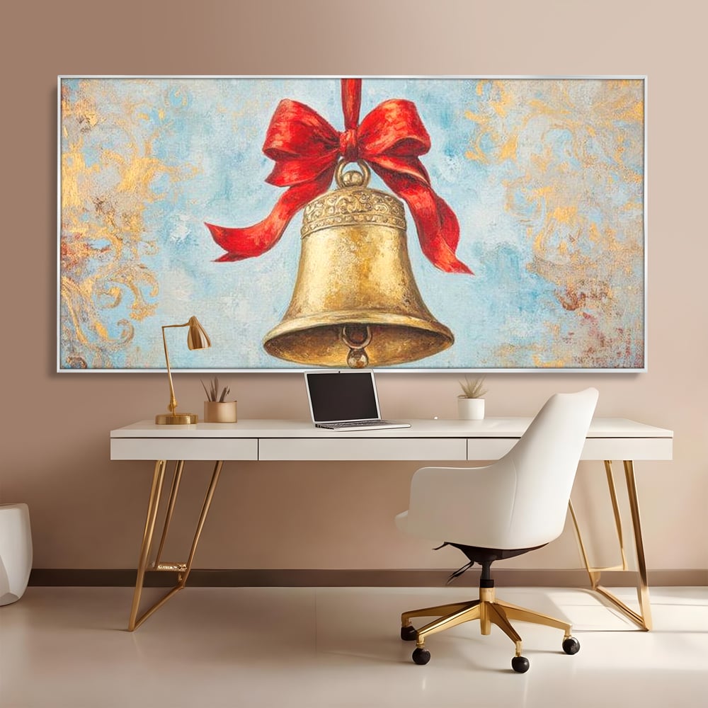 Tablou canvas cu pictura cu un clopot auriu si funda rosie, in rama de aluminiu argintiu, pe perete intr-un birou