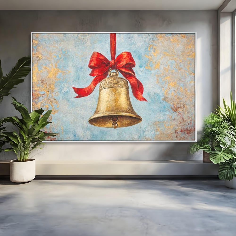 Tablou canvas cu pictura cu un clopot auriu si funda rosie, in rama de aluminiu argintiu