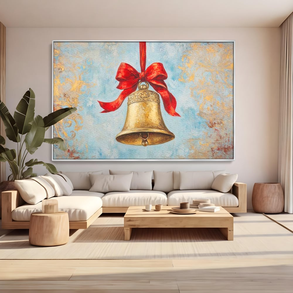 Tablou canvas cu pictura cu un clopot auriu si funda rosie, in rama de aluminiu argintiu, pe perete intr-un living