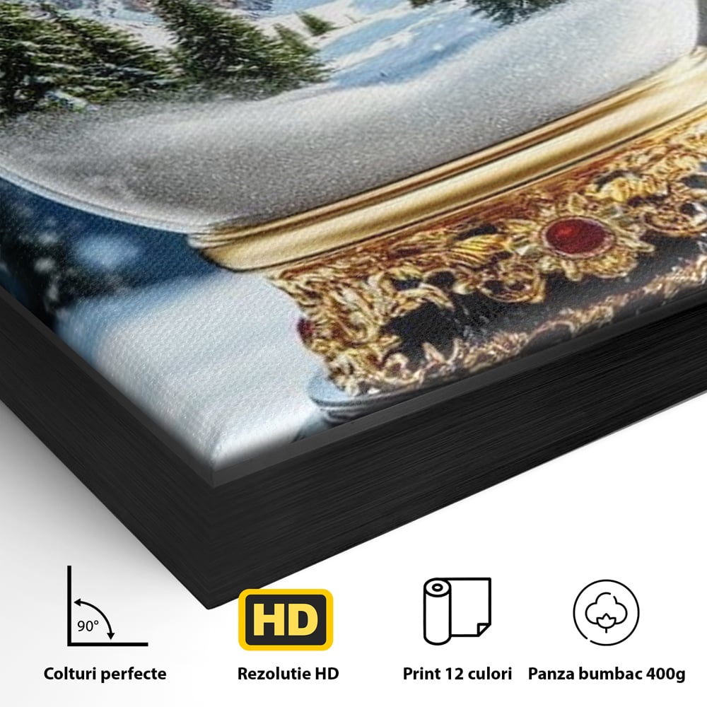 Detaliu al suprafetei: tablou canvas cu glob de sticla si munti, in rama de aluminiu negru
