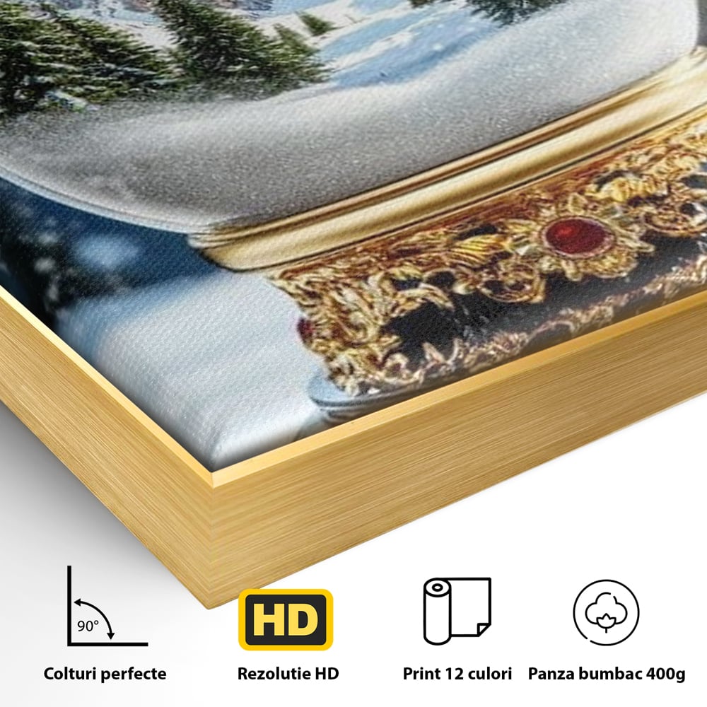 Detaliu al suprafetei: tablou canvas cu glob de sticla si munti, in rama de aluminiu auriu