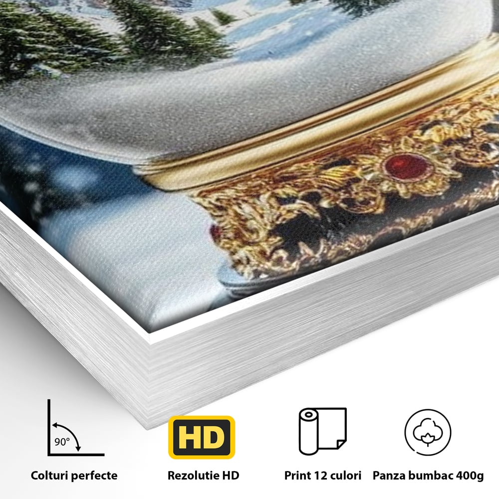 Detaliu al suprafetei: tablou canvas cu glob de sticla si munti, in rama de aluminiu argintiu
