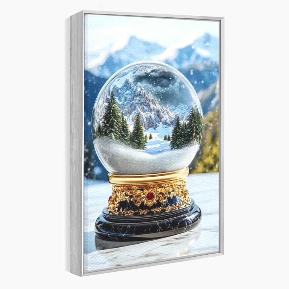 Tablou canvas cu tablou canvas cu glob de sticla si munti, in rama de aluminiu argintiu