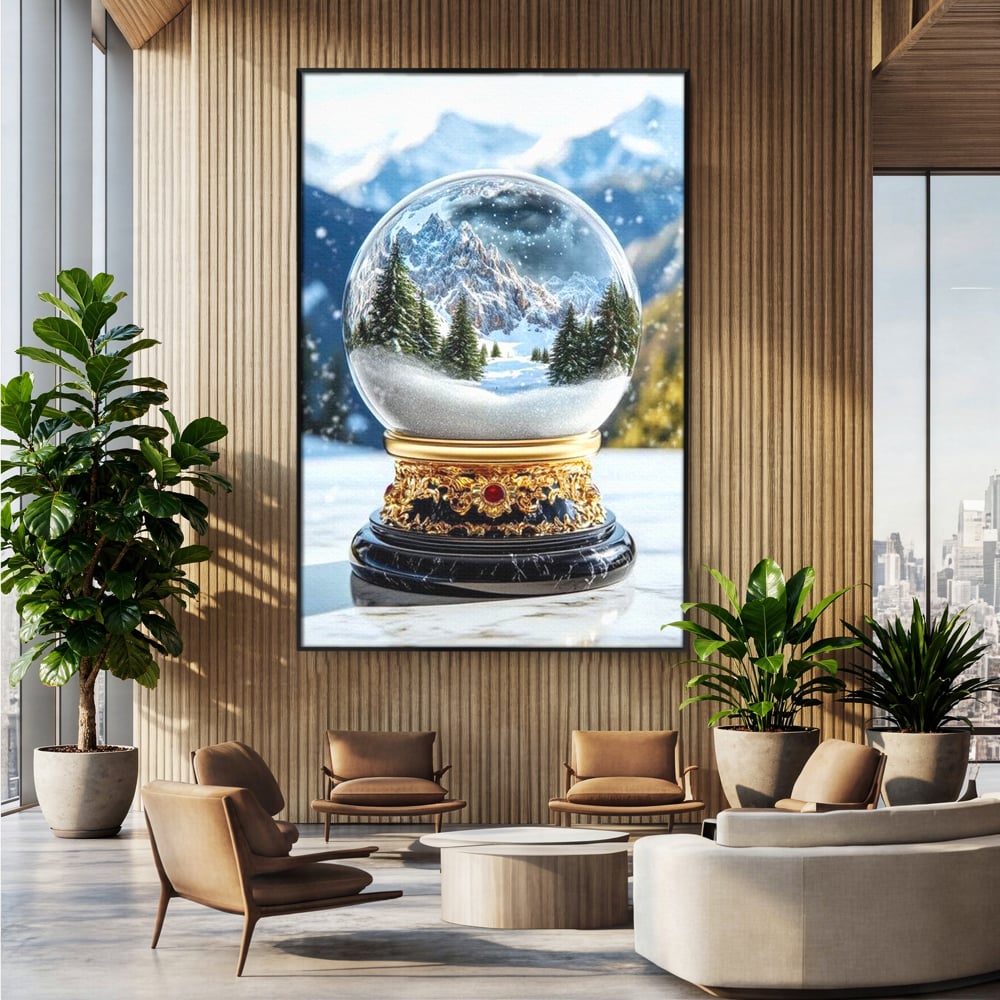 Tablou canvas cu tablou canvas cu glob de sticla si munti, in rama de aluminiu negru, pe perete intr-un birou