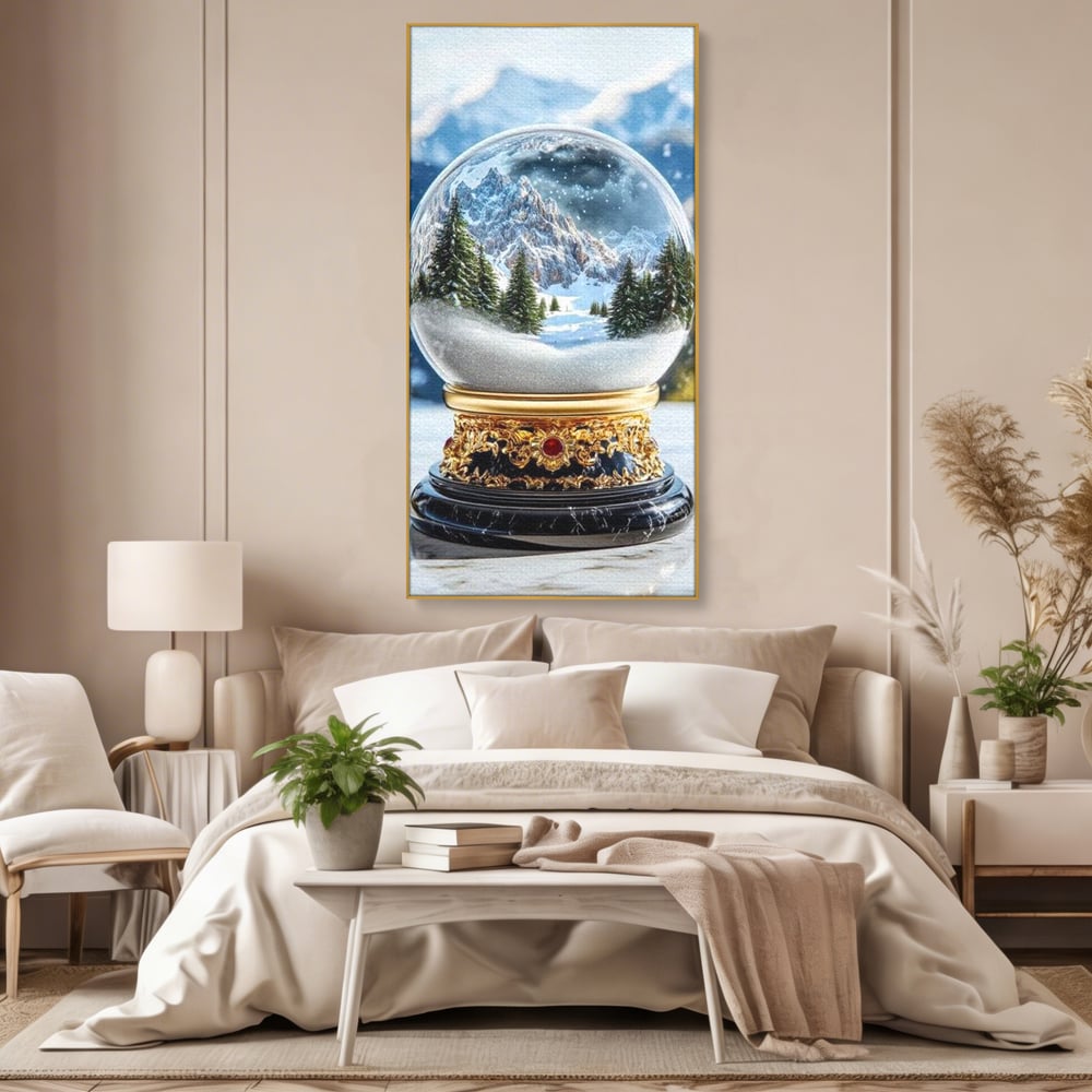 Tablou canvas cu tablou canvas cu glob de sticla si munti, in rama de aluminiu auriu, pe perete intr-un dormitor