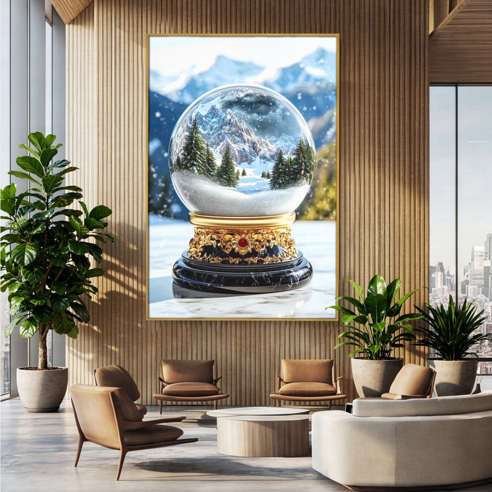 Tablou canvas cu tablou canvas cu glob de sticla si munti, in rama de aluminiu auriu, pe perete intr-un birou