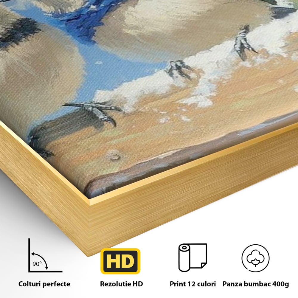 Detaliu al suprafetei: tablou canvas cu trei vrabiute cu caciulite de iarna, in rama de aluminiu auriu