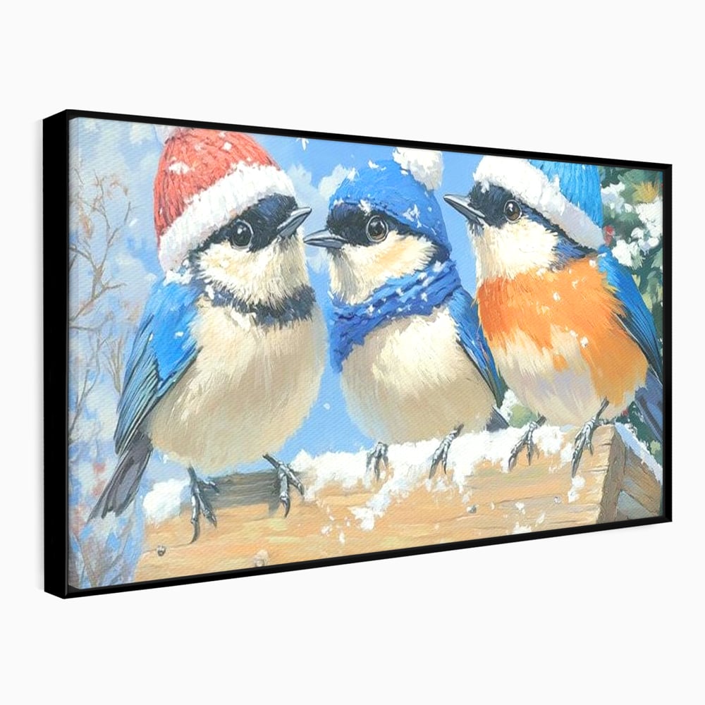 Tablou canvas cu tablou canvas cu trei vrabiute cu caciulite de iarna, in rama de aluminiu negru