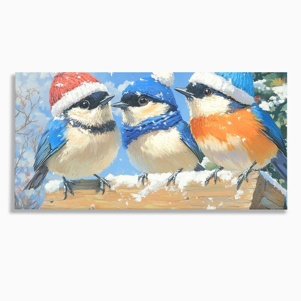 Tablou canvas cu tablou canvas cu trei vrabiute cu caciulite de iarna, fara rama, pe sasiu de lemn