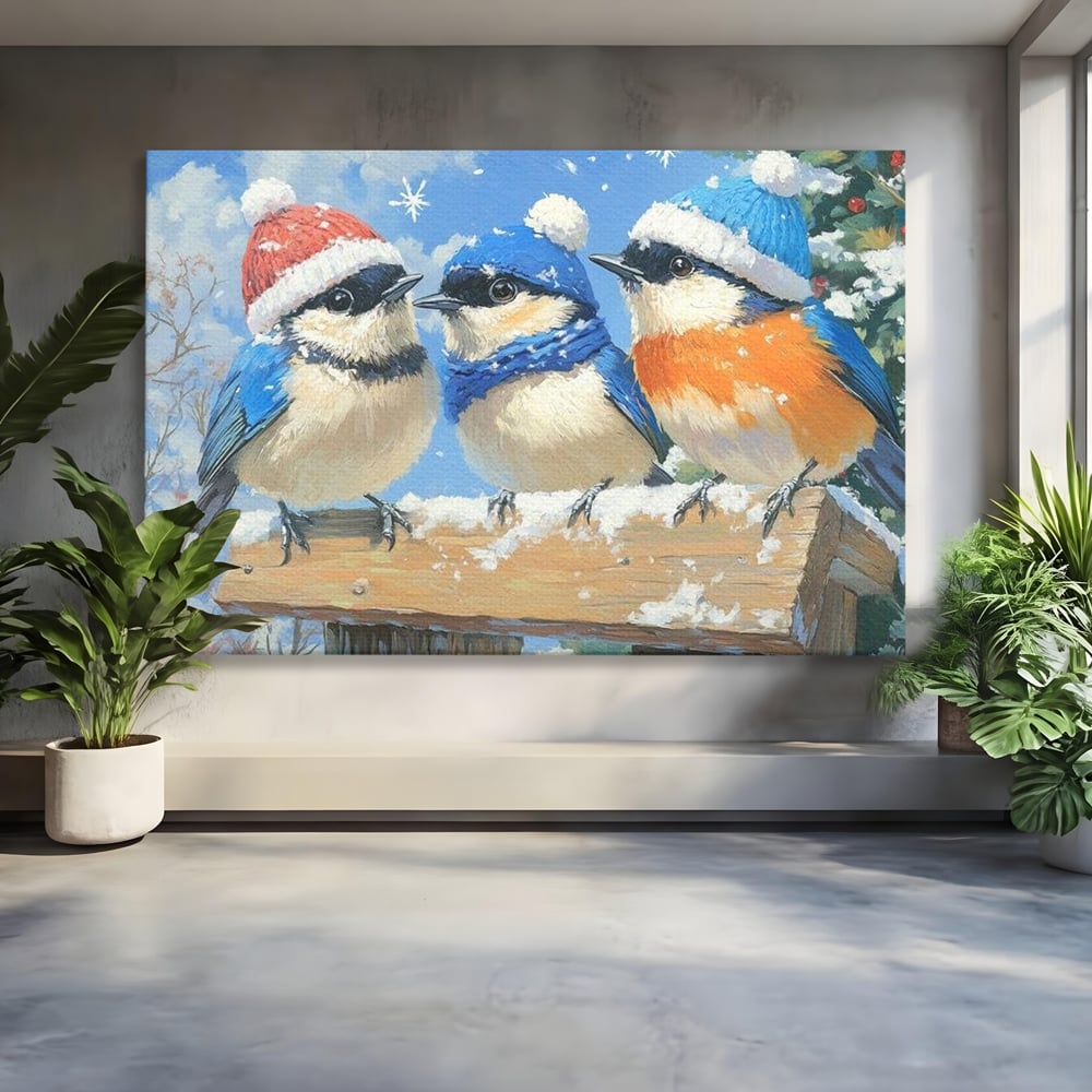 Tablou canvas cu tablou canvas cu trei vrabiute cu caciulite de iarna, fara rama, pe sasiu de lemn