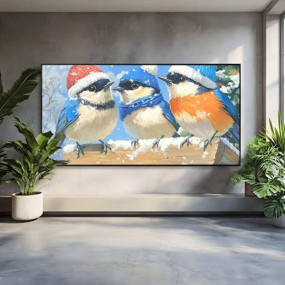 Tablou canvas cu tablou canvas cu trei vrabiute cu caciulite de iarna, in rama de aluminiu negru