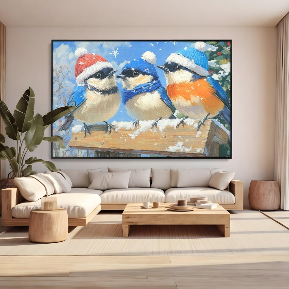 Tablou canvas cu tablou canvas cu trei vrabiute cu caciulite de iarna, in rama de aluminiu negru, pe perete intr-un living