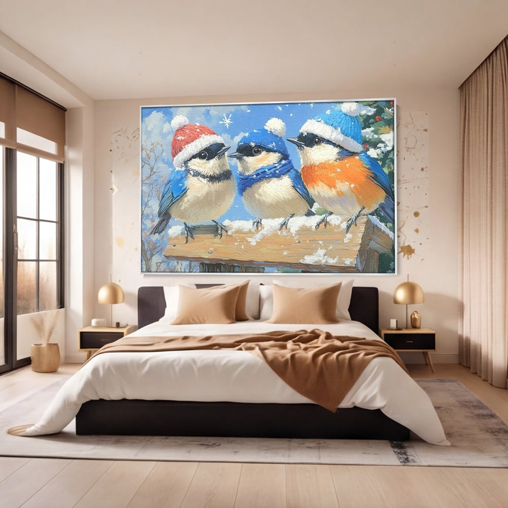 Tablou canvas cu tablou canvas cu trei vrabiute cu caciulite de iarna, in rama de aluminiu argintiu, pe perete intr-un dormitor