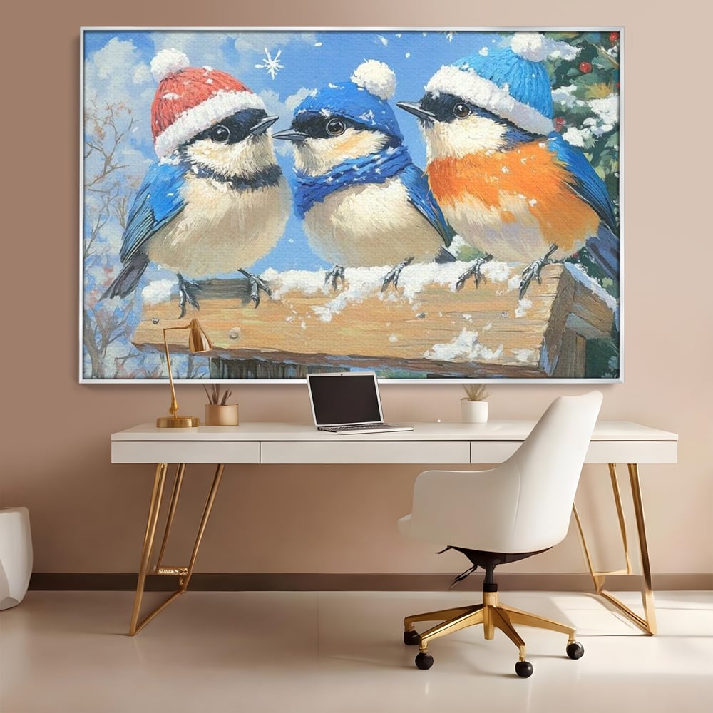 Tablou canvas cu tablou canvas cu trei vrabiute cu caciulite de iarna, in rama de aluminiu argintiu, pe perete intr-un birou