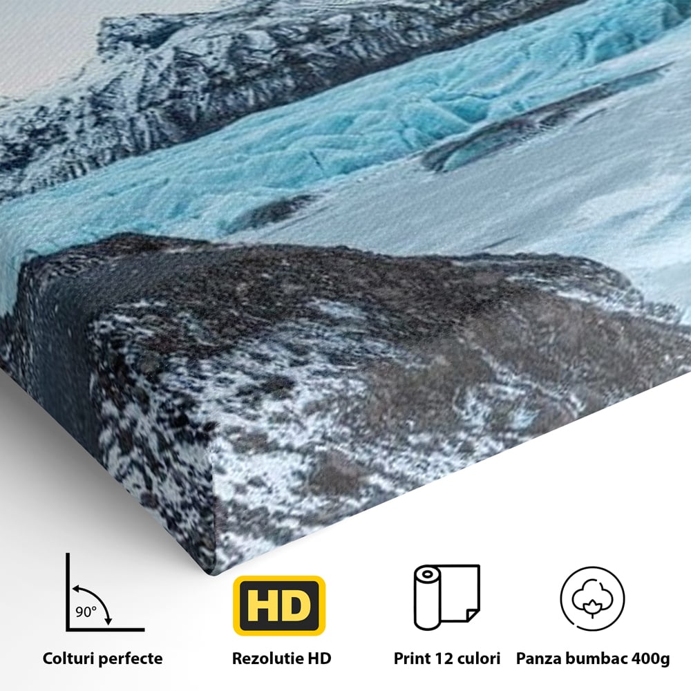 Detaliu al suprafetei: tablou canvas cu peisaj glaciar, fara rama, pe sasiu de lemn