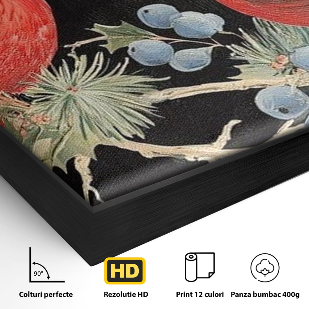 Detaliu al suprafetei: tablou canvas cu doi cardinali pe ramuri, in rama de aluminiu negru