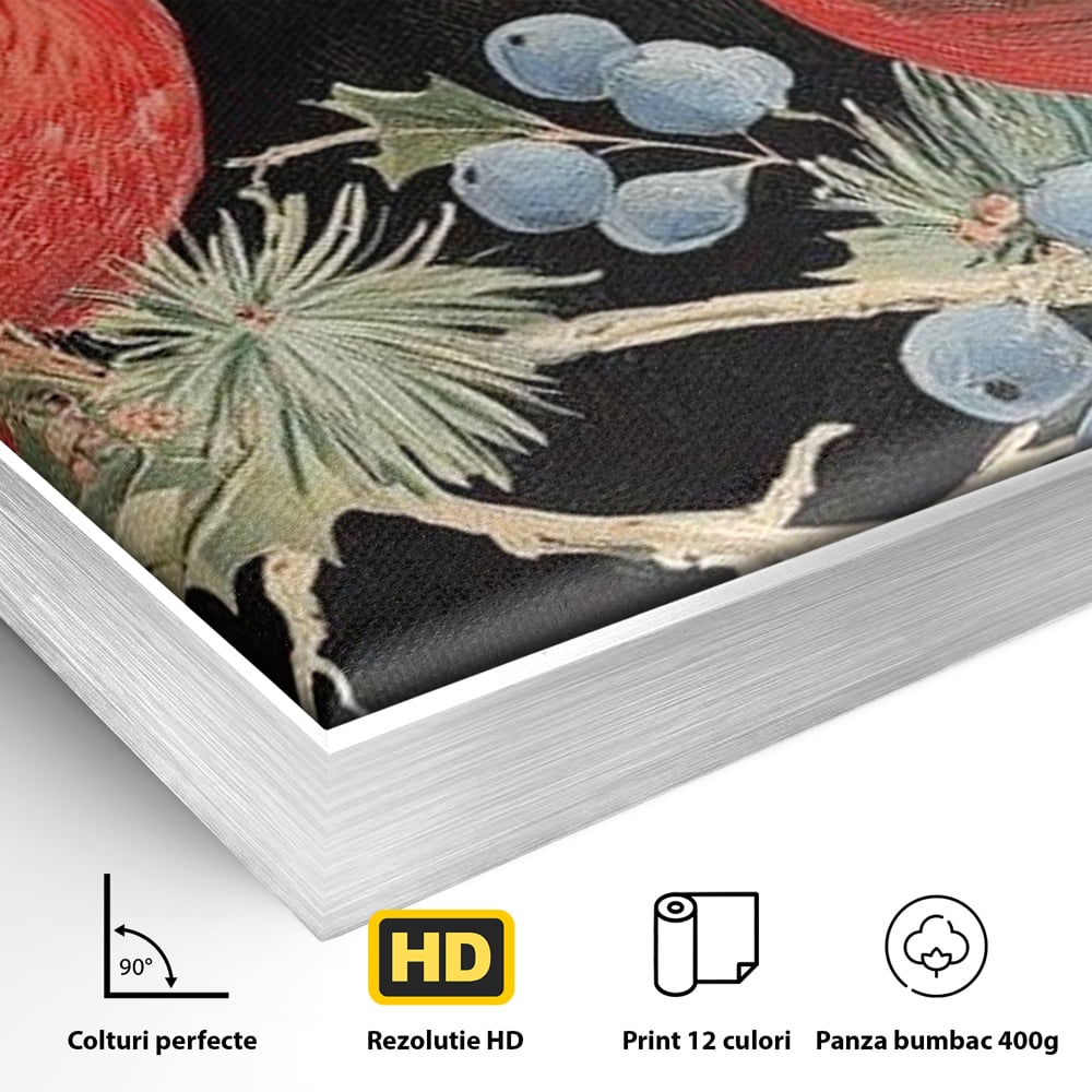 Detaliu al suprafetei: tablou canvas cu doi cardinali pe ramuri, in rama de aluminiu argintiu