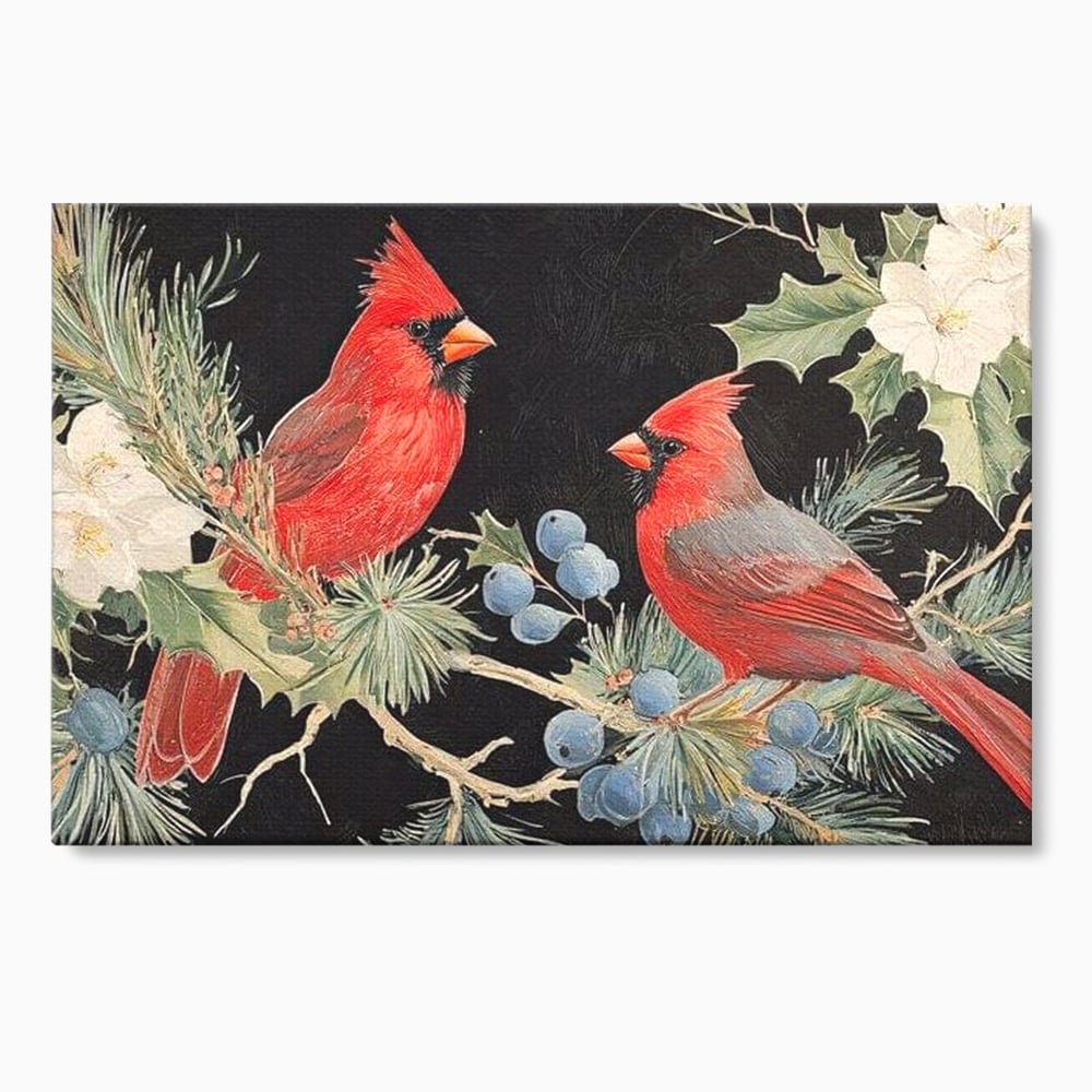 Tablou canvas cu tablou canvas cu doi cardinali pe ramuri, fara rama, pe sasiu de lemn
