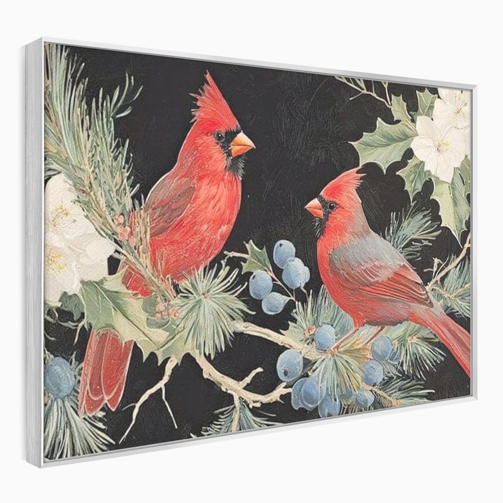 Tablou canvas cu tablou canvas cu doi cardinali pe ramuri, in rama de aluminiu argintiu
