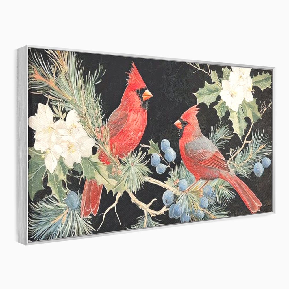 Tablou canvas cu tablou canvas cu doi cardinali pe ramuri, in rama de aluminiu argintiu