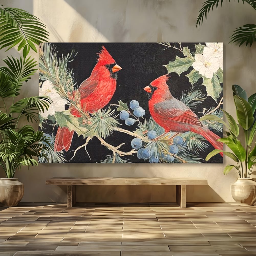 Tablou canvas cu tablou canvas cu doi cardinali pe ramuri, fara rama, pe sasiu de lemn