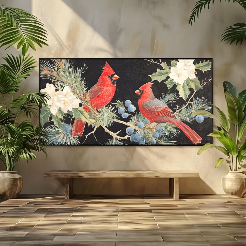 Tablou canvas cu tablou canvas cu doi cardinali pe ramuri, in rama de aluminiu negru