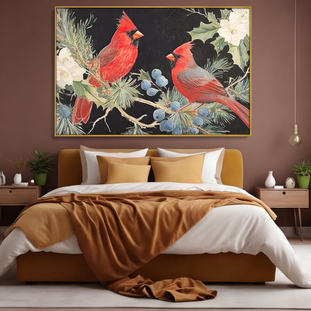 Tablou canvas cu tablou canvas cu doi cardinali pe ramuri, in rama de aluminiu auriu, pe perete intr-un dormitor