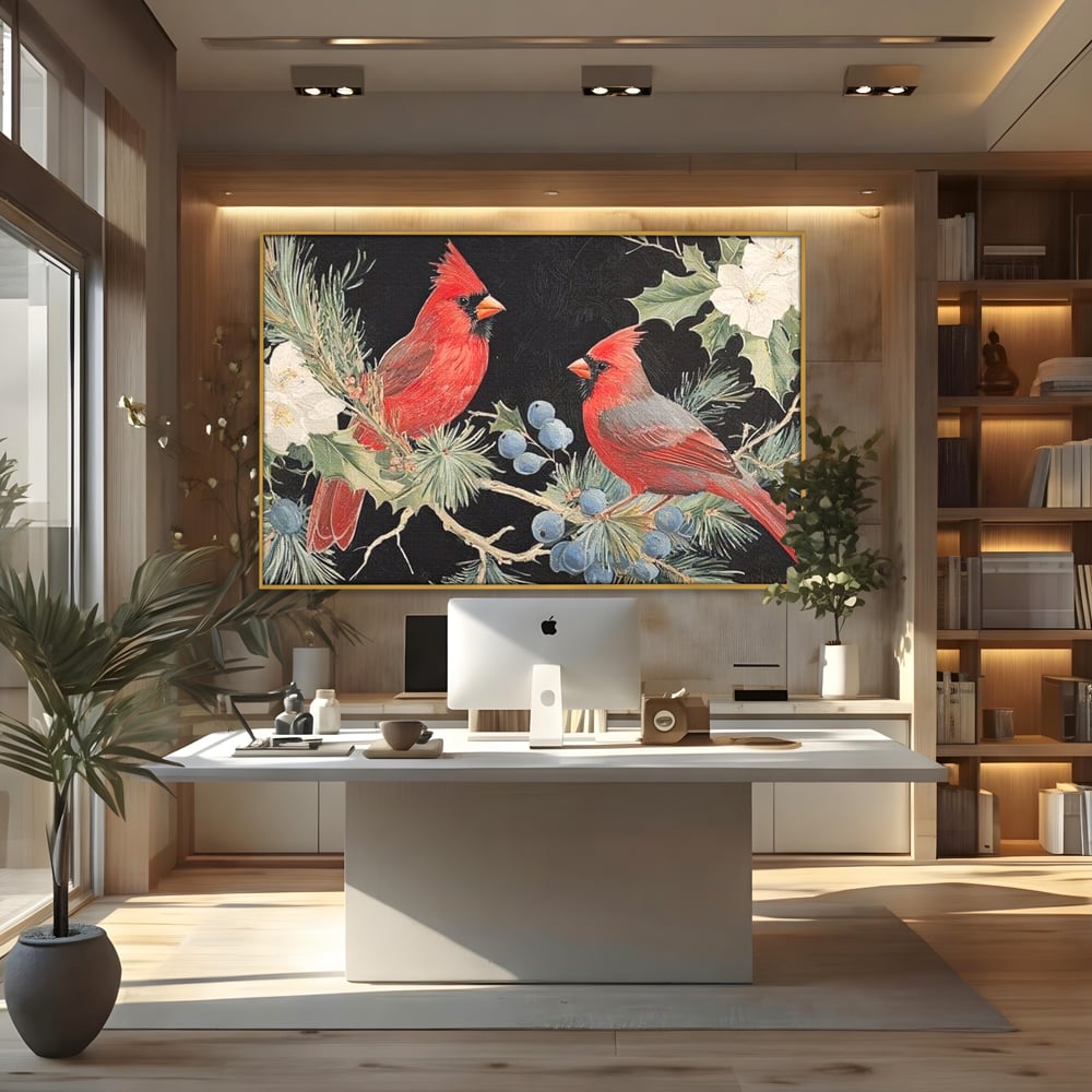 Tablou canvas cu tablou canvas cu doi cardinali pe ramuri, in rama de aluminiu auriu, pe perete intr-un birou