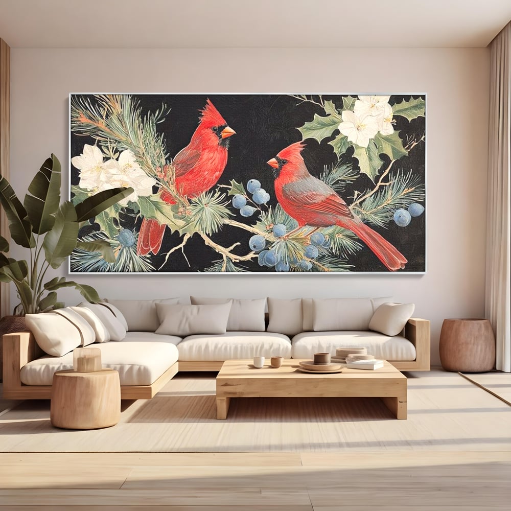 Tablou canvas cu tablou canvas cu doi cardinali pe ramuri, in rama de aluminiu argintiu, pe perete intr-un living
