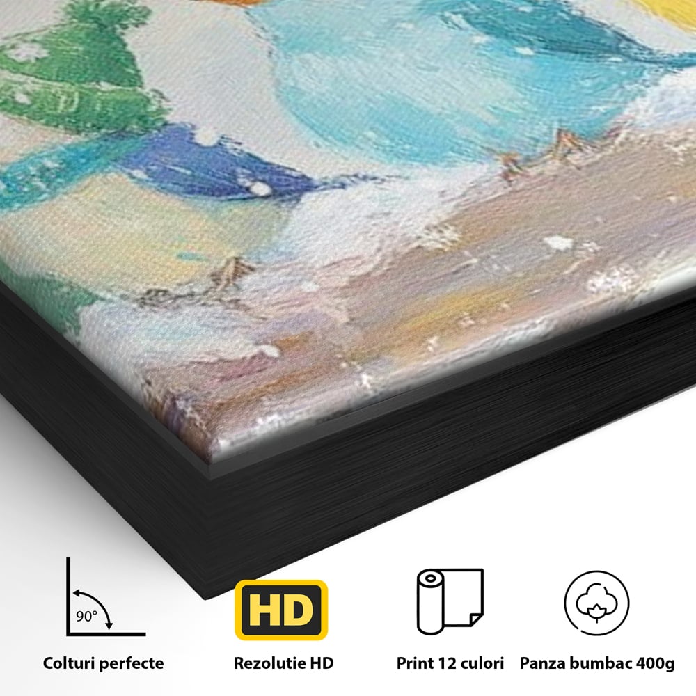 Detaliu al suprafetei: tablou canvas cu pasarele colorate in iarna, in rama de aluminiu negru