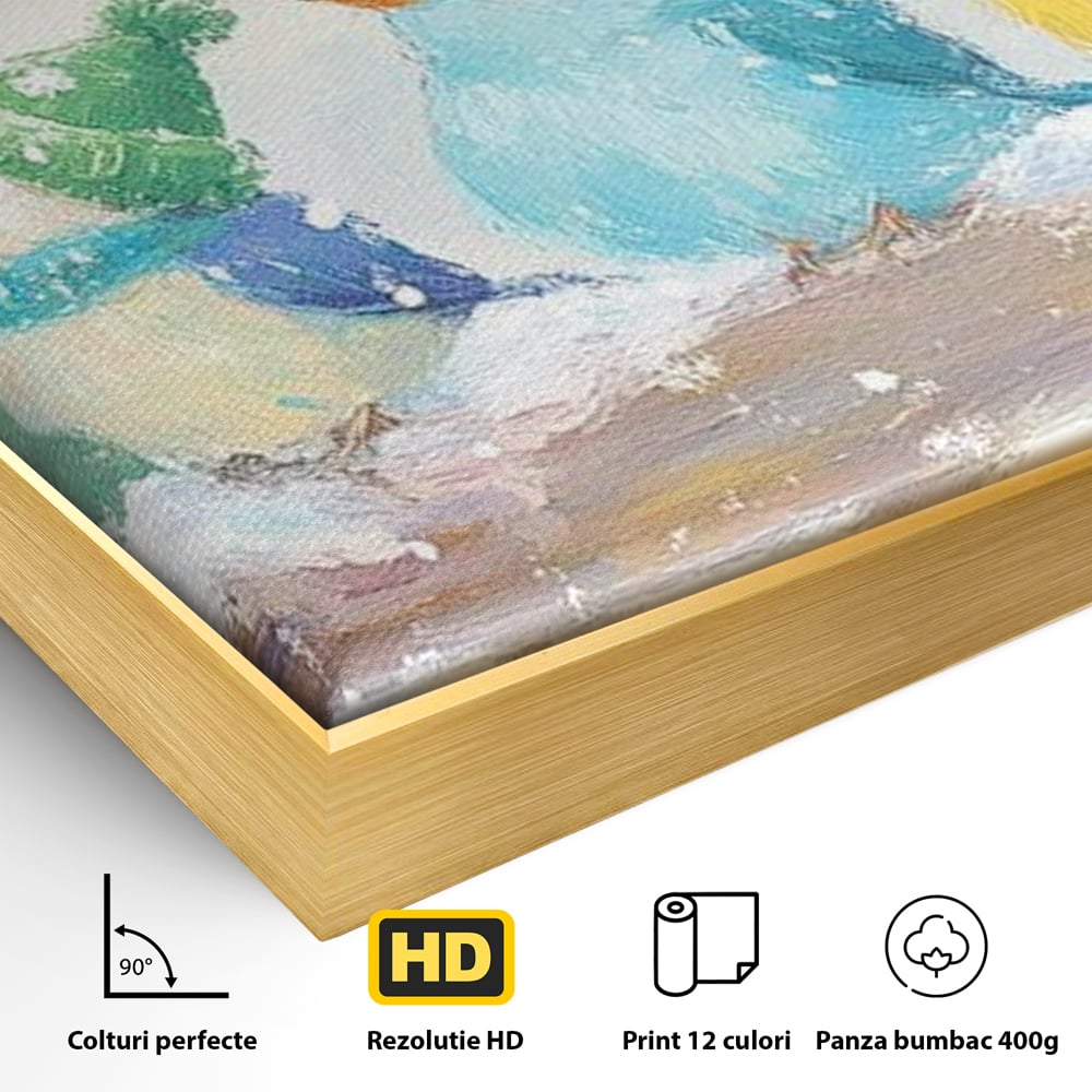 Detaliu al suprafetei: tablou canvas cu pasarele colorate in iarna, in rama de aluminiu auriu