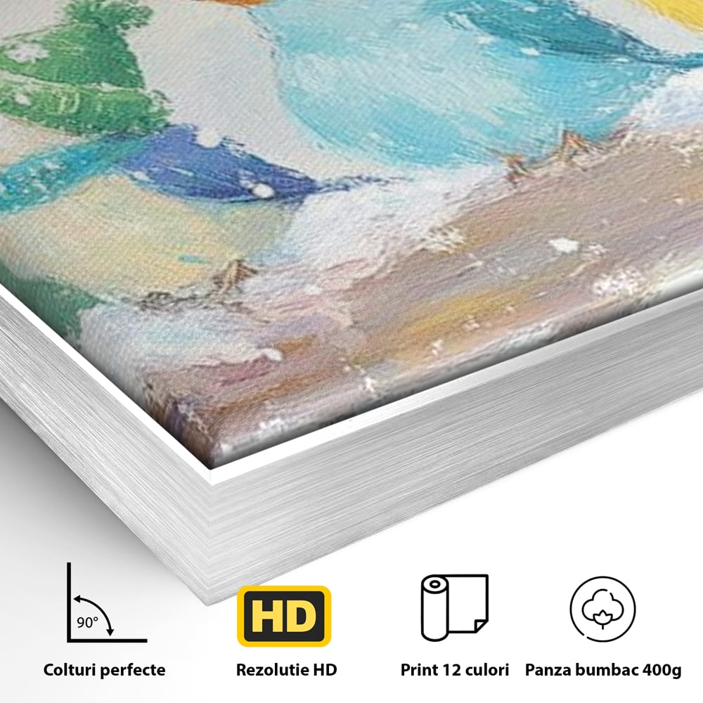 Detaliu al suprafetei: tablou canvas cu pasarele colorate in iarna, in rama de aluminiu argintiu