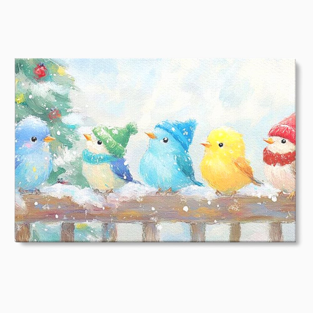 Tablou canvas cu tablou canvas cu pasarele colorate in iarna, fara rama, pe sasiu de lemn