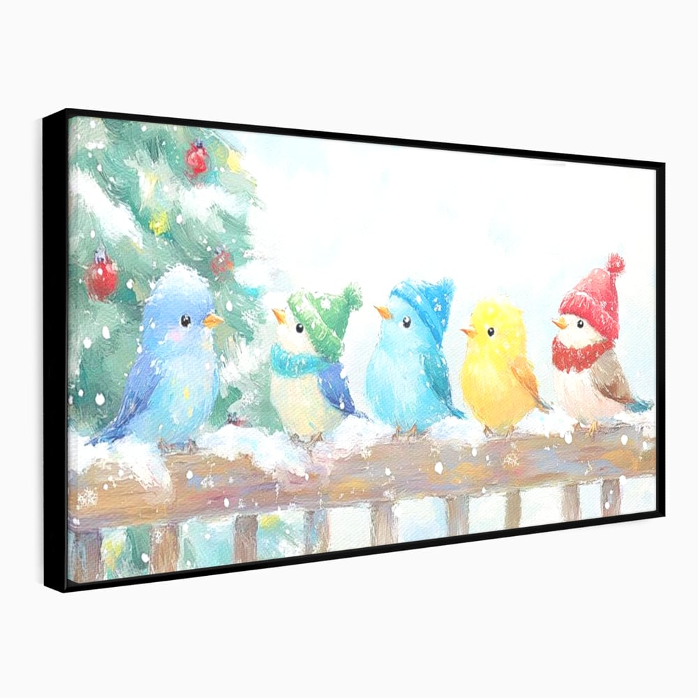 Tablou canvas cu tablou canvas cu pasarele colorate in iarna, in rama de aluminiu negru