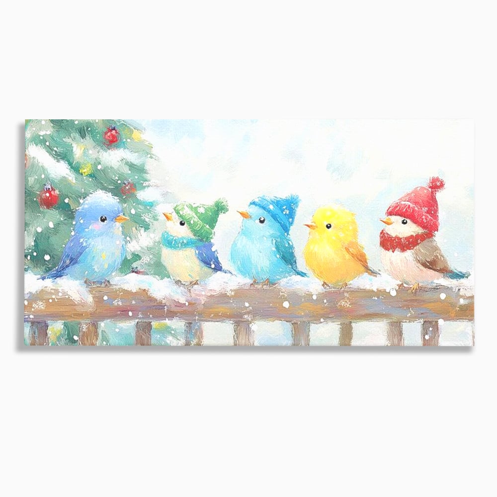 Tablou canvas cu tablou canvas cu pasarele colorate in iarna, fara rama, pe sasiu de lemn