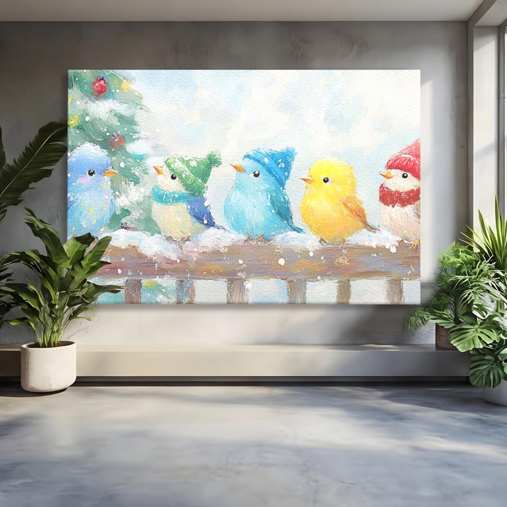 Tablou canvas cu tablou canvas cu pasarele colorate in iarna, fara rama, pe sasiu de lemn