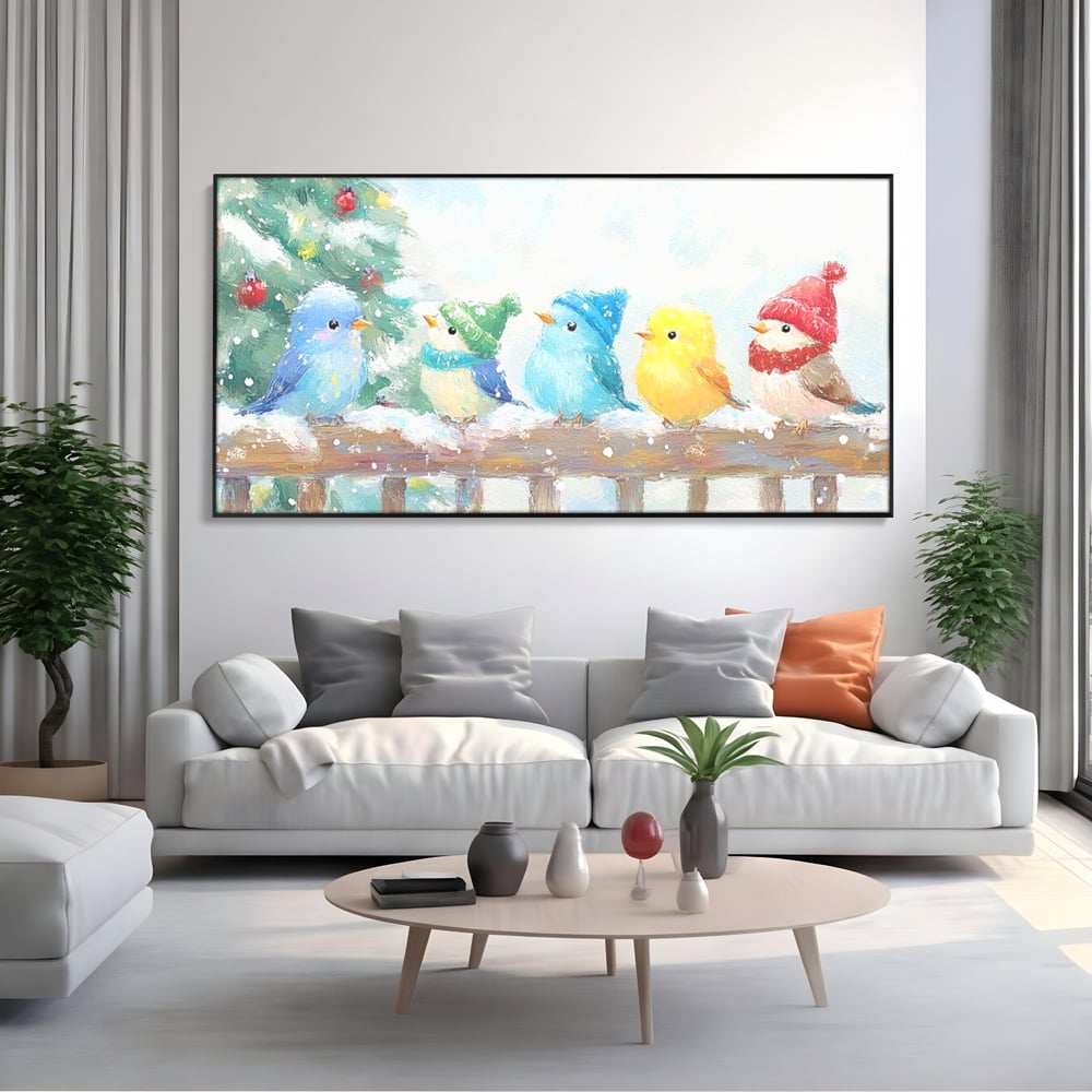 Tablou canvas cu tablou canvas cu pasarele colorate in iarna, in rama de aluminiu negru, pe perete intr-un living