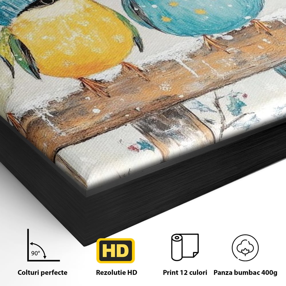 Detaliu al suprafetei: tablou canvas cu vrabiute colorate in iarna, in rama de aluminiu negru